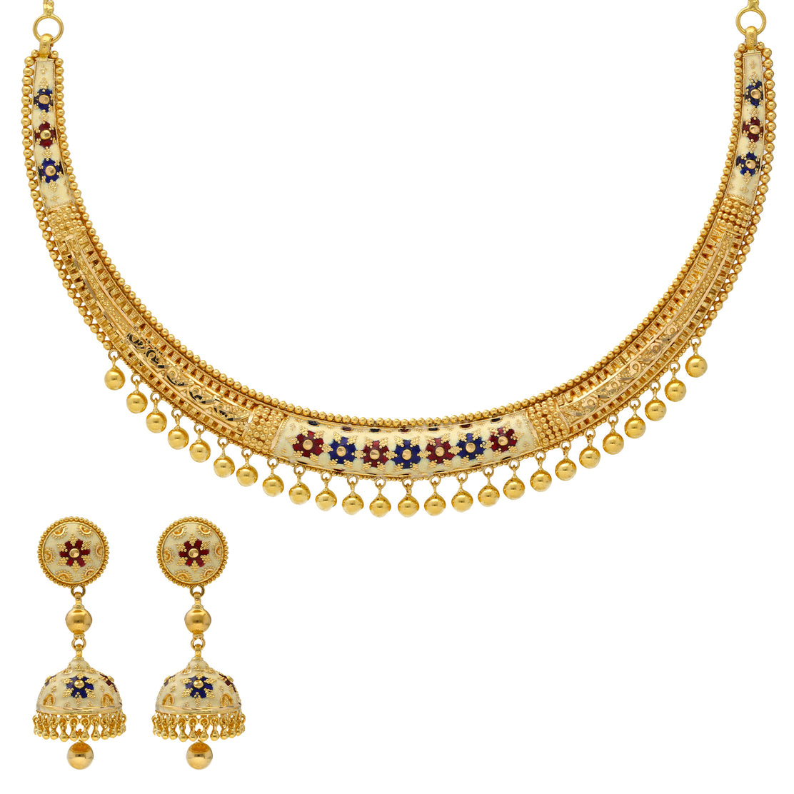 22K Yellow Gold Meenakari Necklace Set W/ Wheat Chains & Abstract Pend –  Virani Jewelers