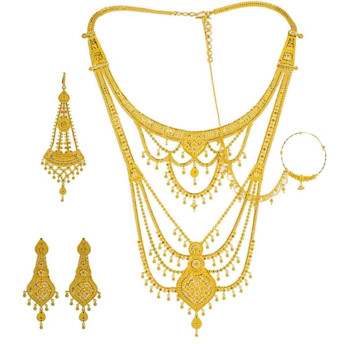 Premium Quality Golden Oxidised Hydrabadi Indian Pearl Long Necklace set  with Earrings - Yaari Collections