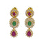 A close-up image of the ruby and emerald Indian gold earrings from Virani Jewelers.