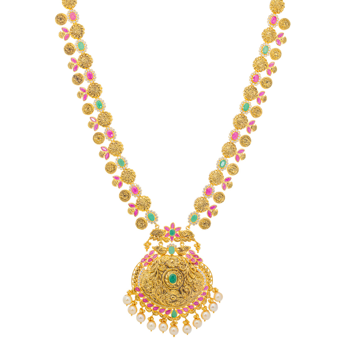 Gold plated Mirror Pendant Necklace with Earrings and Ring Spicy Style Sale  MODEL : 1442 – Poojamani Jewellers LLP