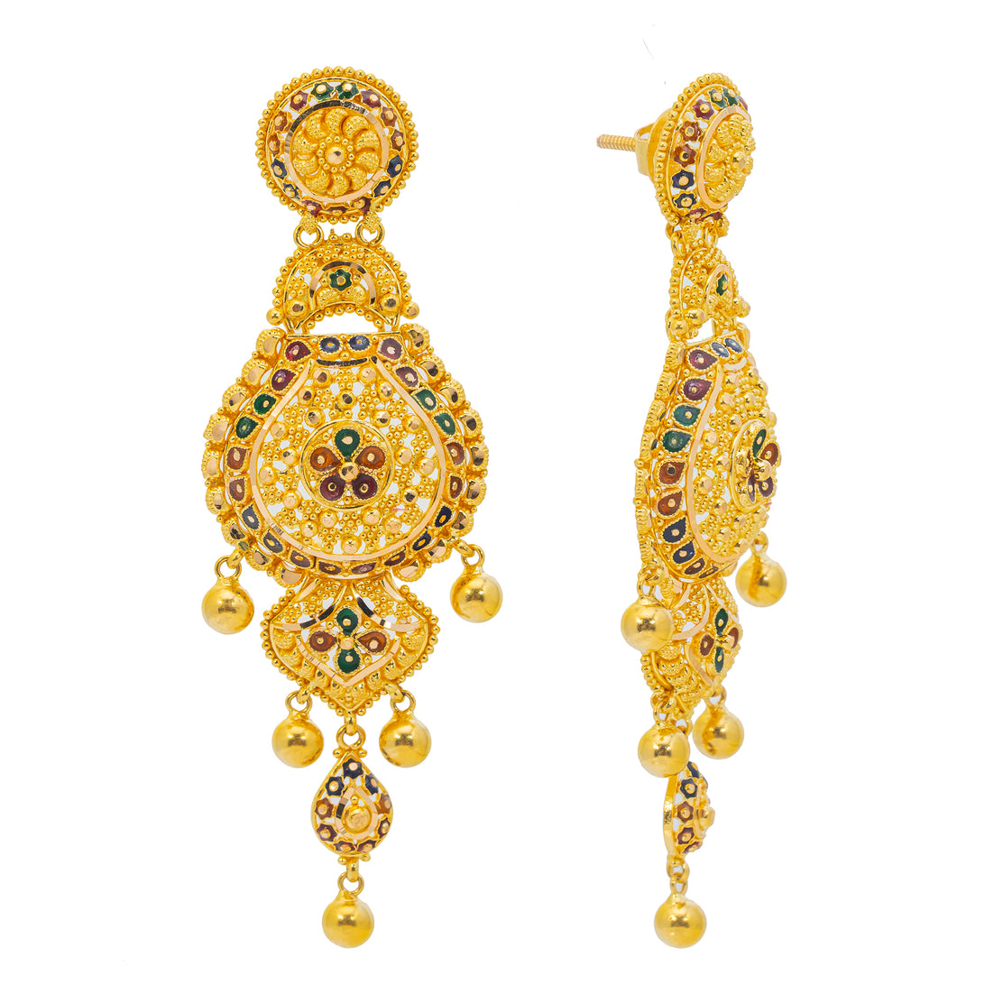 MEENAKARI EARRINGS FEATURING FISH HOOKS & FILIGREE WORK - 22K YELLOW  GOLD