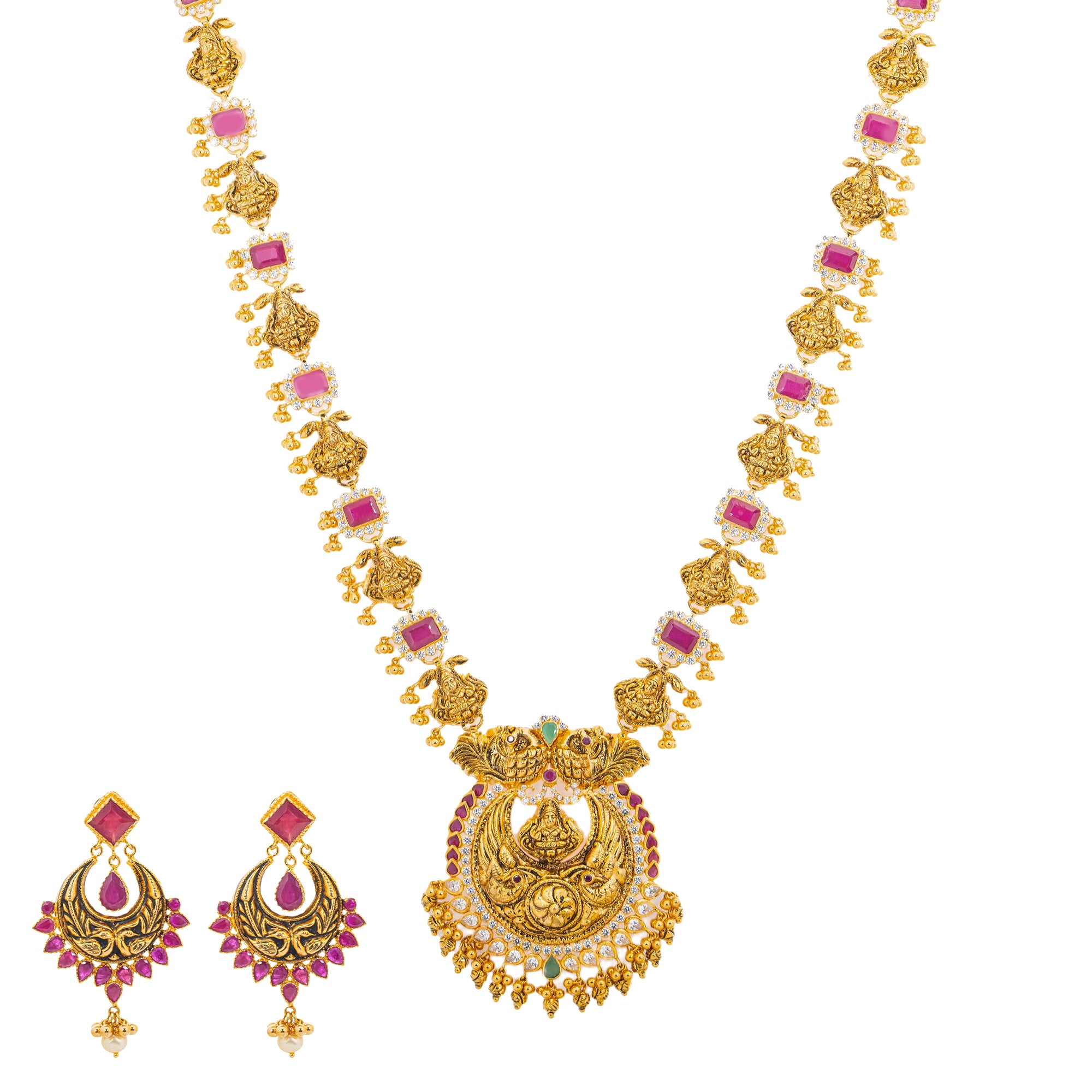 22K Yellow Gold, Gem, CZ, and Pearl Temple Necklace Set (75.4gm) – Virani  Jewelers