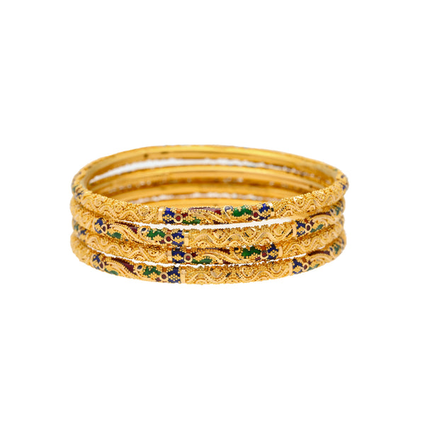 22K Yellow Gold Meenakari Bangles Set of 4 (49.6 grams) | 
These beautiful Meenakari bangle set of 4 have a traditional Indian style and can be worn with e...