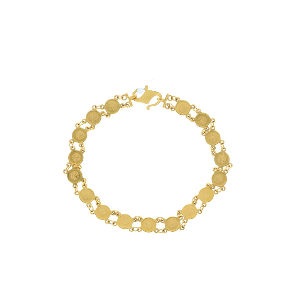 22K Yellow Gold Coin Link Peace Bracelet, 8.8 grams - Virani Jewelers | 


This 22K yellow gold bracelet is a good-looking and chunky bracelet with minimal designs that ...