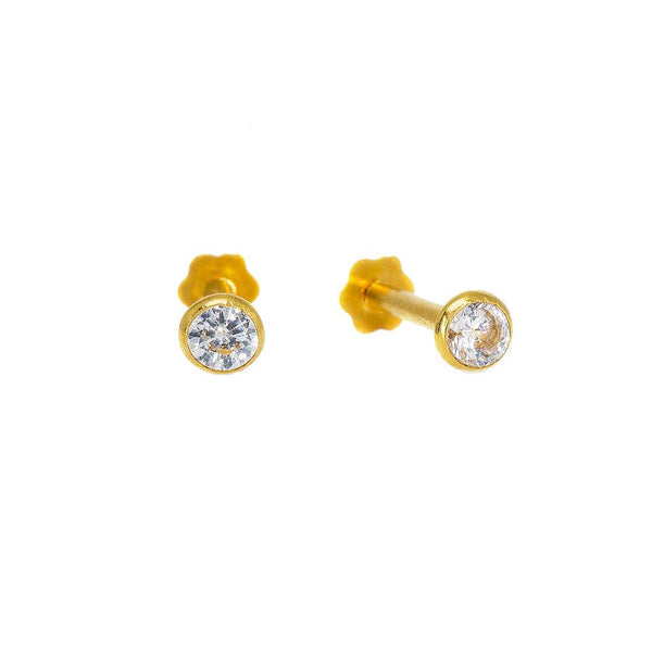 22K Yellow Gold Nose Pin W/ Bezel Set Precious Cubic Zirconia - Virani Jewelers | Add a minimal touch of brilliance to your finished look with this set of 22K yellow gold and cubi...