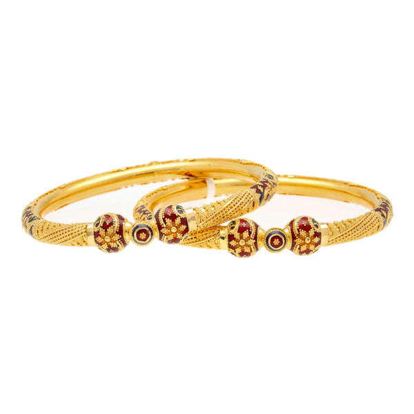 22K Yellow Gold Meenakari Pipe Bangle Set of 2 (47.5 grams) | These stunning 22k yellow gold bangles have a exquisite Meenakari design and chic appeal. Pair th...