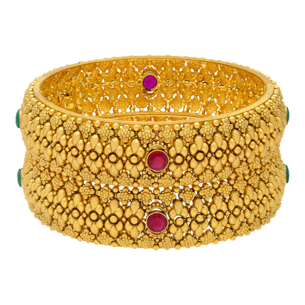 22K Antique Gold Bangle Set (57.1gm) | 
This luxurious set of two 22k gold bangles have a gorgeous antique gold finish, beaded filigree ...