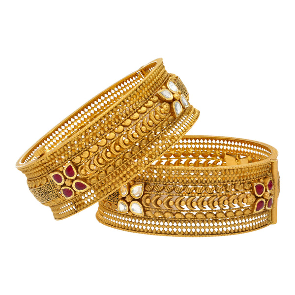 22K Antique Gold Bangle Set (79.6gm) | 
Add these gleaming 22k yellow gold bangles with an elegant beaded filigree design and kundan sto...