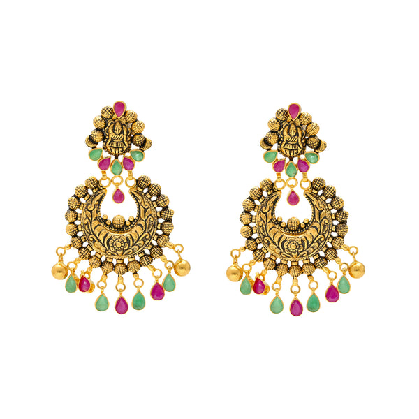 22K Antique Gold Jeweled Chandbali Earrings (22.6gm) | 
Shimmer and shine with an air of cultural elegance when you adorn your ears with this stunning p...