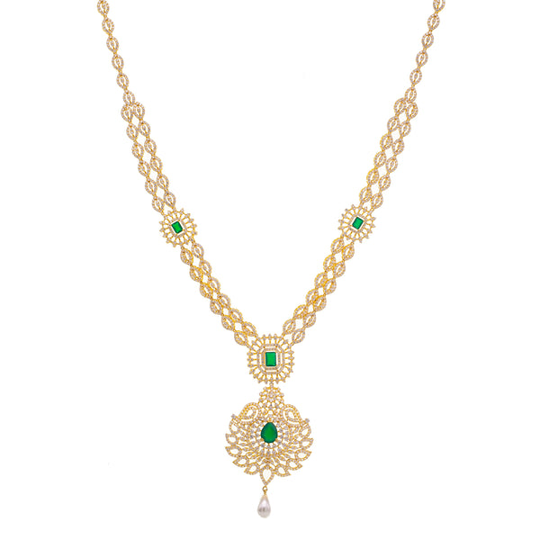 22K Yellow Gold & CZ Necklace Set (77.7gm) | 
Add this radiant 22k yellow gold Indian jewelry necklace and earring set to your bridal, formal,...