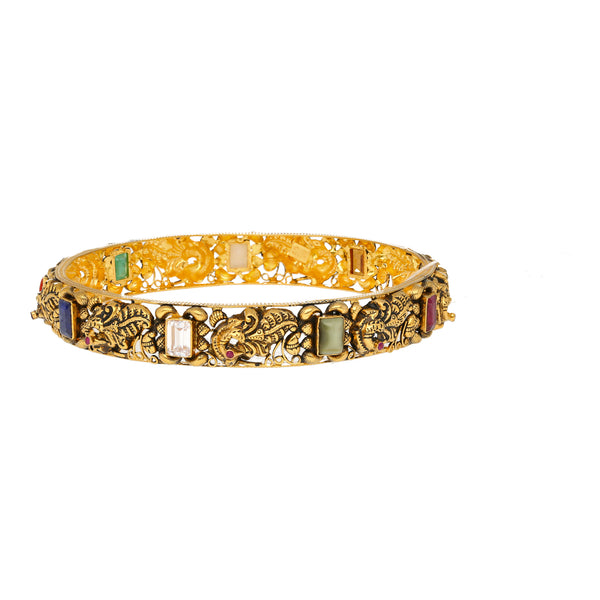 22K Antique Gold Navratan Bangle Set w/ Gems (36.4 grams) | 
Adorn your wrist with these rich antique gold bangles. The cultural engravings, and vibrant asso...