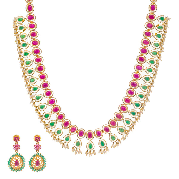 22K Gold, Gemstone, & Pearl Long Necklace Set (118gm) | 
Wear this vibrant 22k Indian gold jewelry set during your next important event to light up the r...