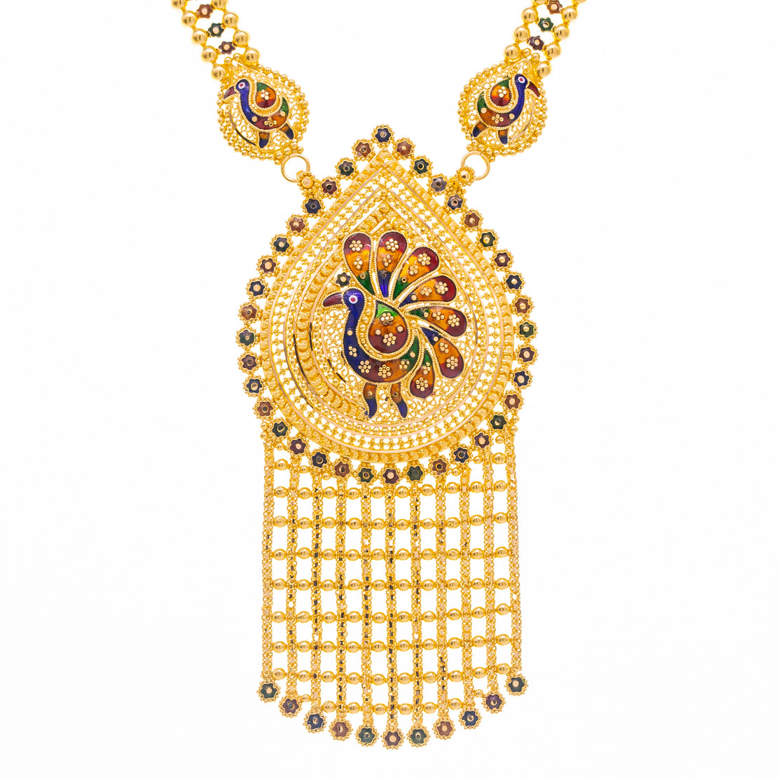 22K Yellow Gold & Enamel Peacock Long Necklace Set (104.4gm) – Virani  Jewelers