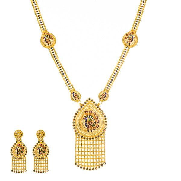 22K Yellow Gold & Enamel Peacock Long Necklace Set (104.4gm) | 
This one of a kind 22k Indian gold jewelry set will add a unique sense of luxury to your look. T...