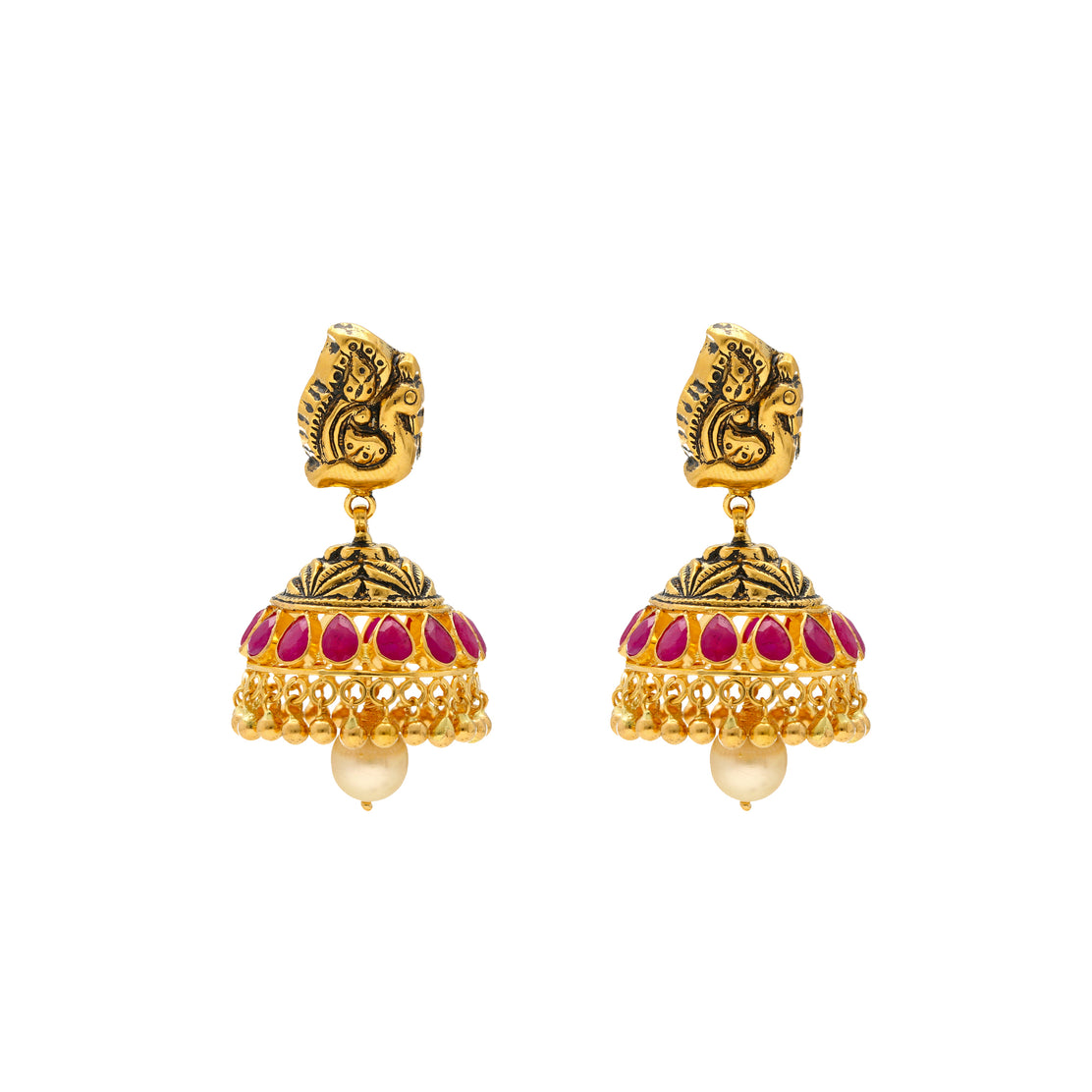 22K Gold Pendant & Earrings Set With Ruby & Beads - 235-GPS079 in 20.000  Grams