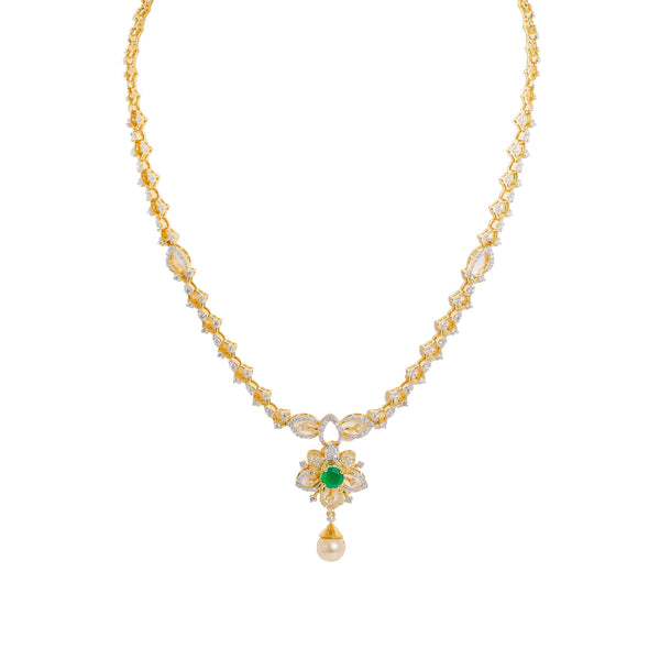 18K  Yellow Gold Diamond Necklace & Earrings Set W/ VVS Diamonds, Emeralds, Pearls & Lotus Flower Pendant - Virani Jewelers |  18K Yellow Gold Diamond Necklace & Earrings Set W/ VVS Diamonds, Emeralds, Pearls & Lotu...