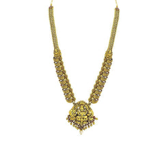 22K Yellow Gold Antique Necklace W/ Ruby, Pearl, & Laxmi Pendant on Deeply Carved Strand - Virani Jewelers