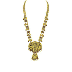 22K Yellow Gold Antique Temple Necklace W/ Ruby, Emerald, Laxmi Pendants & Open Peacock Accents - Virani Jewelers