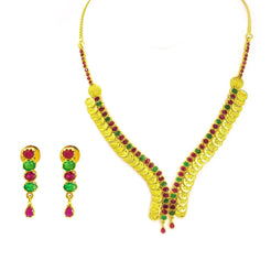 22K Yellow Gold Necklace & Earrings Set W/ V-Neck Collar of Laxmi Coins and Ruby & Emerald Gemstones - Virani Jewelers