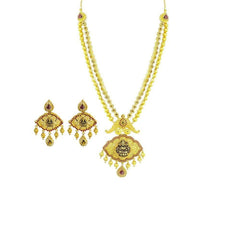 22K Yellow Gold Necklace & Earrings Set W/ CZ, Rubies, Emeralds on Laxmi & Third Eye Pendant - Virani Jewelers