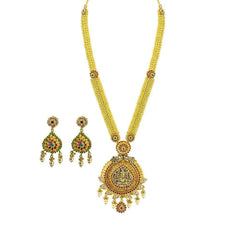 22K Yellow Gold Necklace & Earrings Set W/ Ruby, Emerald, CZ & Pearls on Thick Round Beaded Chain - Virani Jewelers