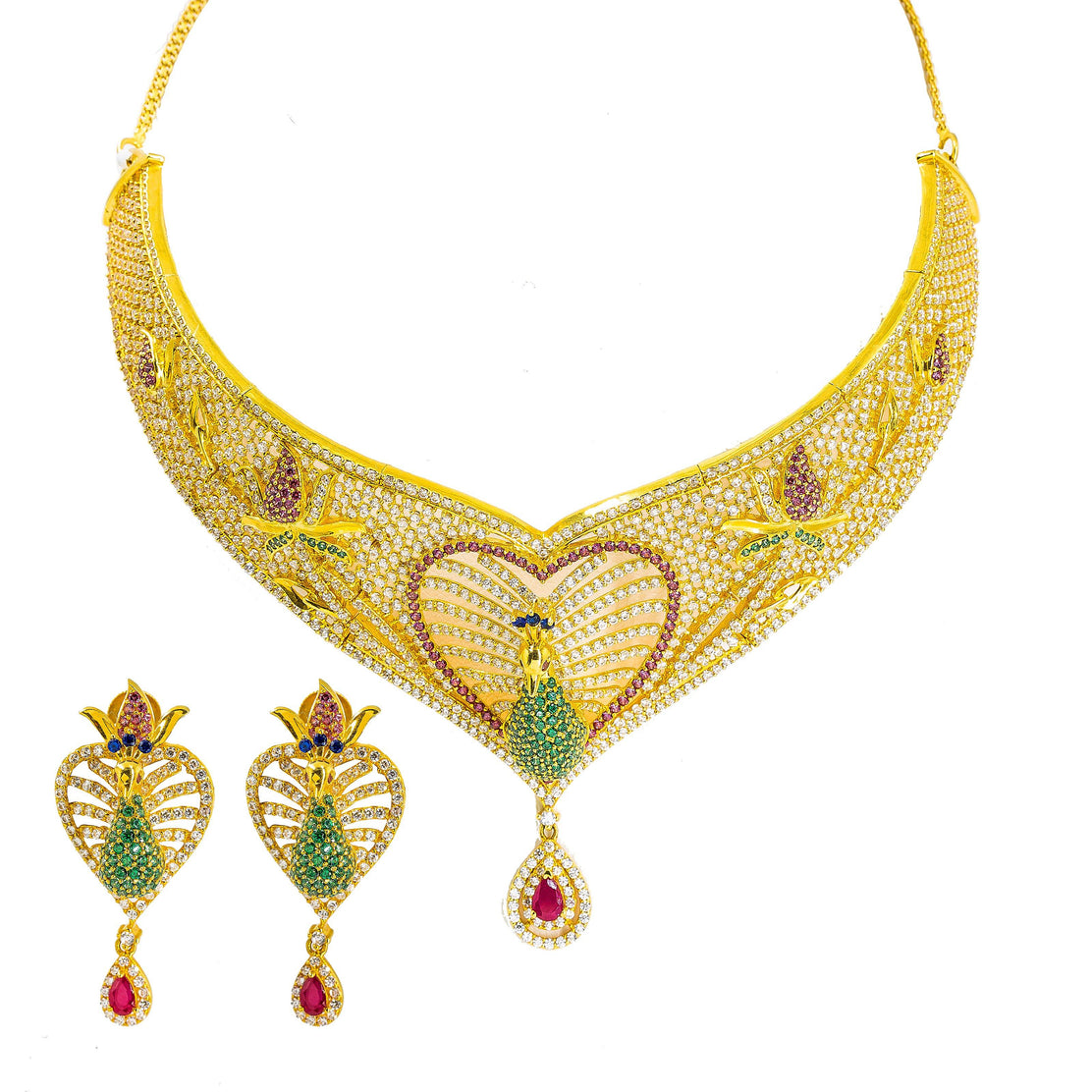 22K Gold Ruby Necklace & Drop Earrings Set