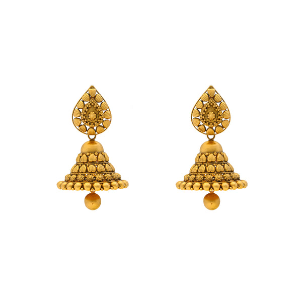 22K Yellow Gold Antique Jhumka Earrings (20.8gm) | 
These beautiful 22k yellow gold jhumki earrings add a sophisticated layer of Indian gold glamour...