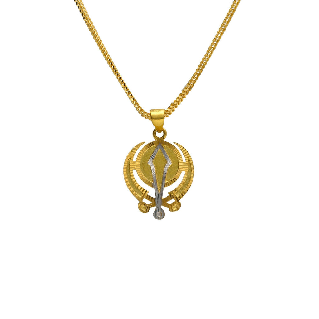 22K Multi Tone Gold Khanda Pendant - Virani Jewelers | 



Celebrate the richness of the Punjabi culture with this most significant 22K multi tone gold ...