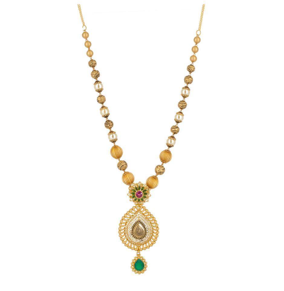 Antique gold polish pendant with green stone, 5 line pearls with green –  House of Taamara